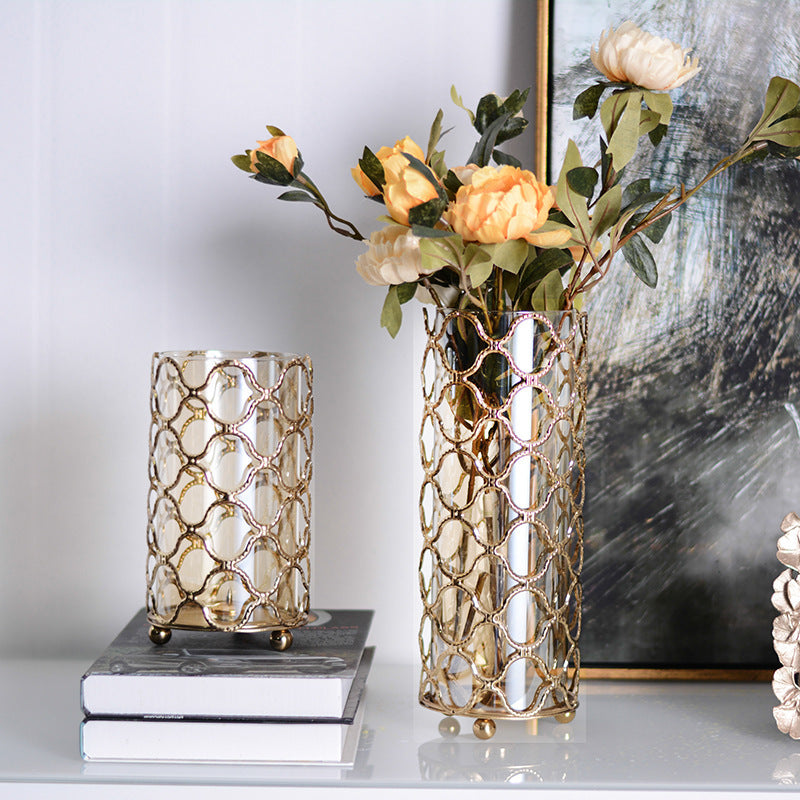 Golden Hollow Out Glass Vase with Metal Frame - Elegant Home Decor