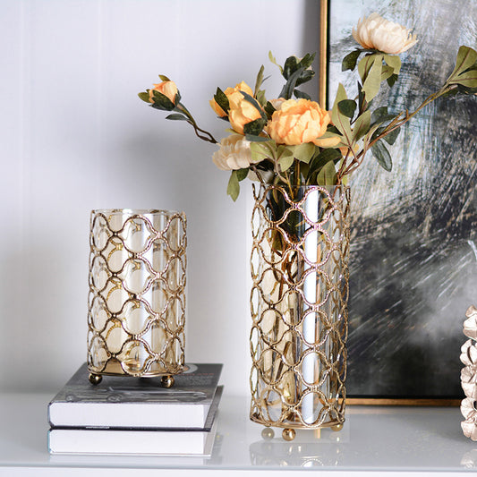 Golden Hollow Out Glass Vase with Metal Frame - Elegant Home Decor